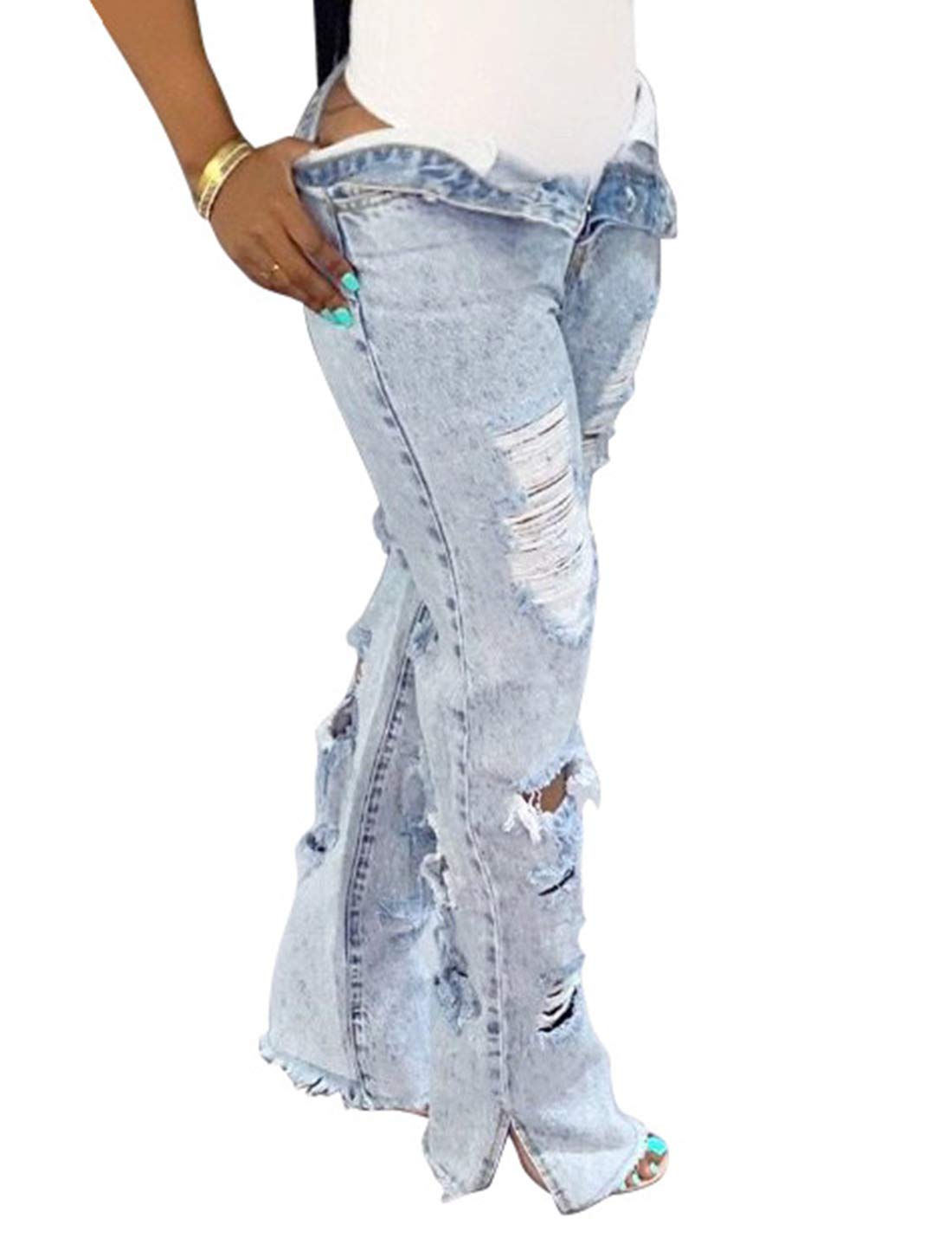 Naliha Women Casual Ripped Jeans Pants High Waisted Baggy Denim Jeggings Trousers Lightblue S